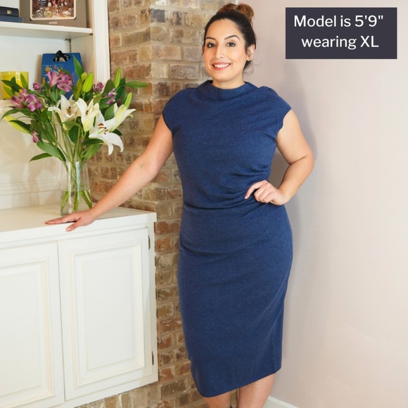 XL Cashmere Midi Dress, Long Sweater Dress, Navy Blue Cashmere Knit Midi Dress - Picture 2 of 8